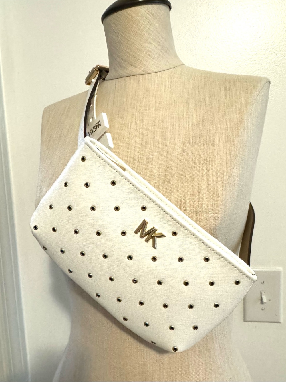 Michael Kors White Leather Crossbody Belt Bag with Gold Studs